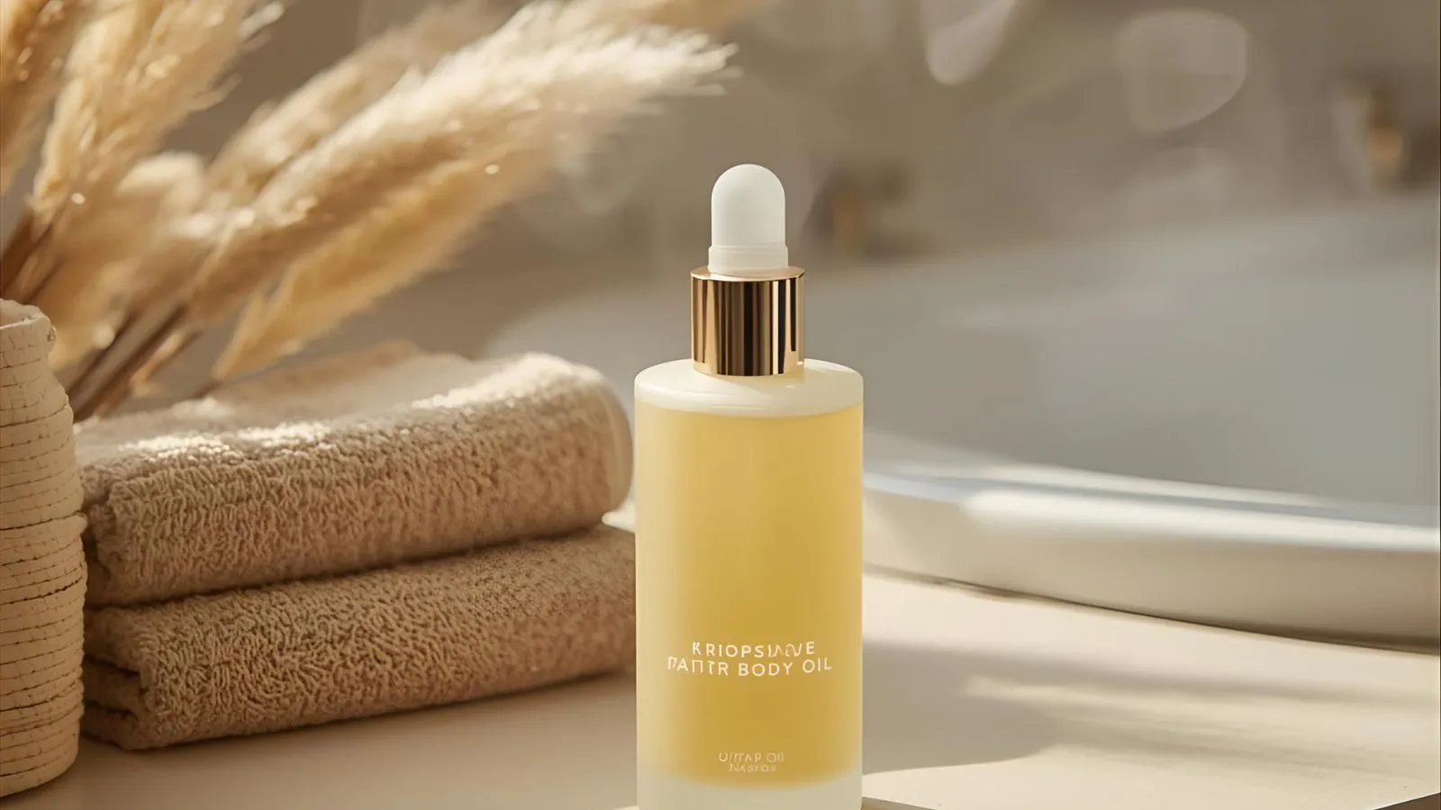 Glass bottle of Riddle-style body oil on a bathroom vanity.