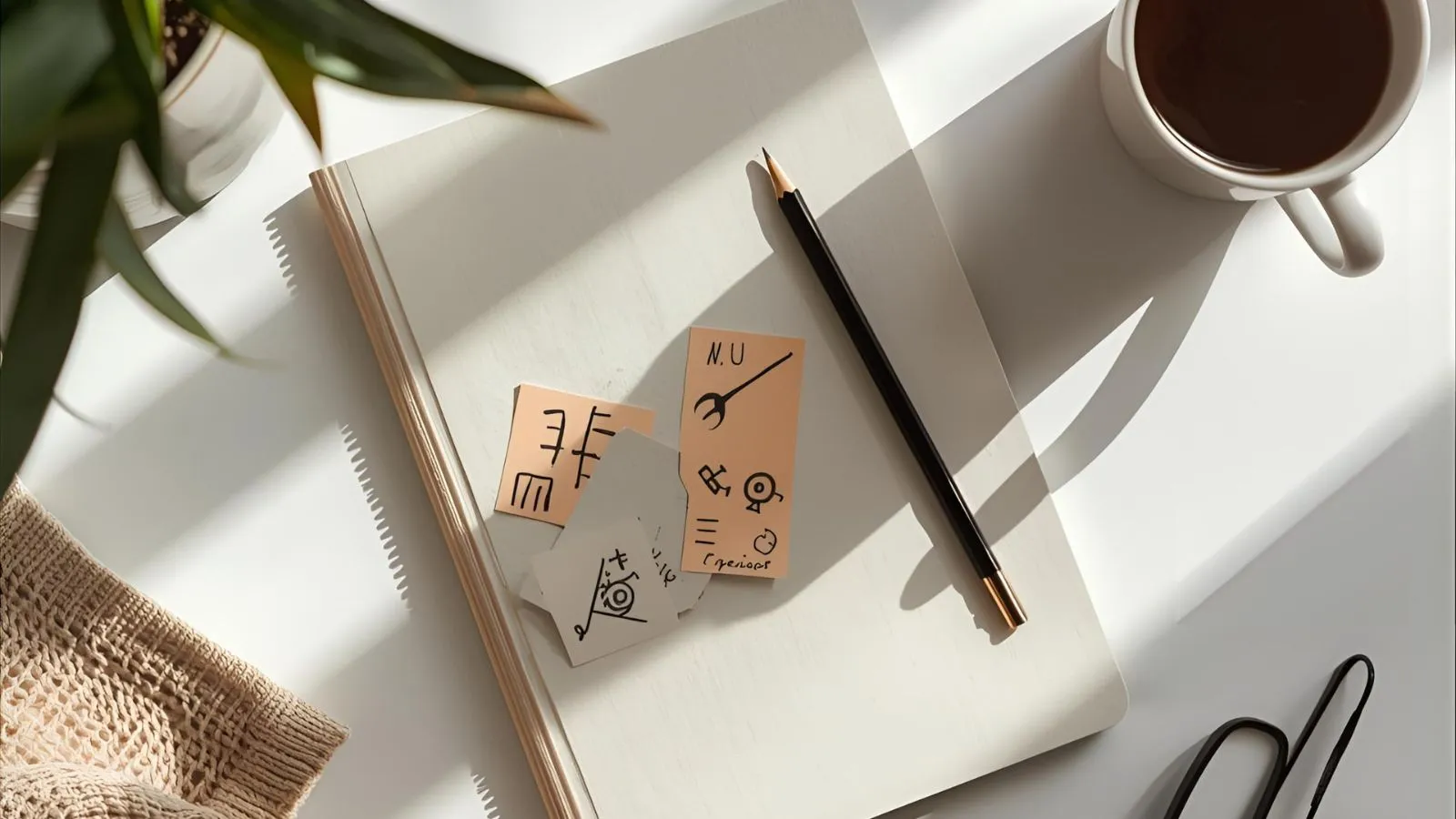 Overhead flat lay of riddle-writing workspace.