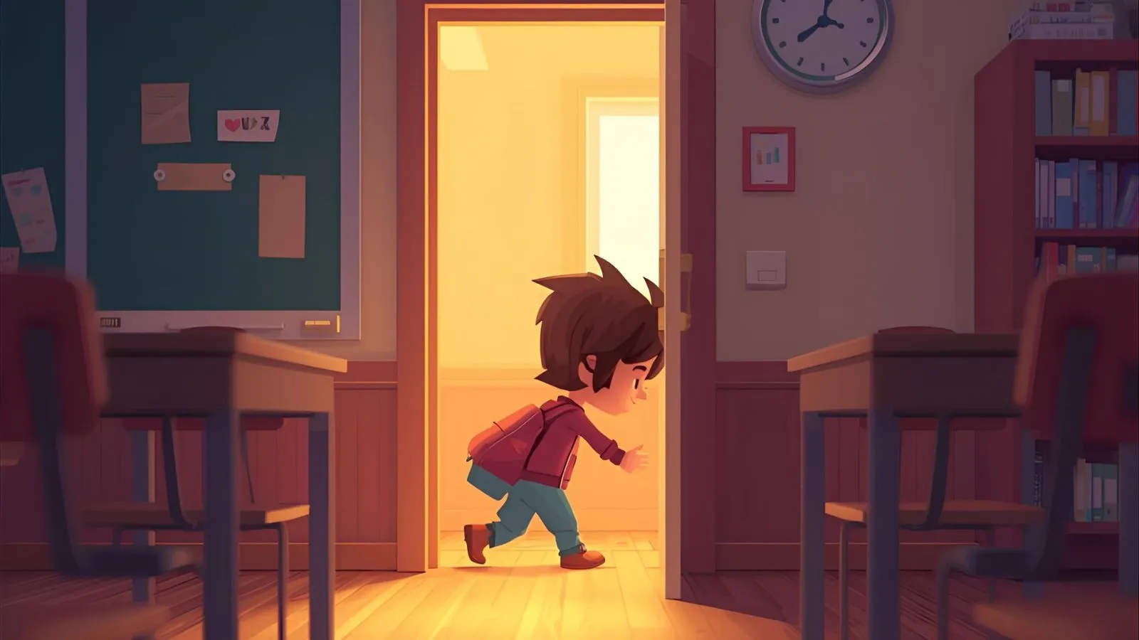 “Cartoon student escaping a classroom in a retro puzzle game.”