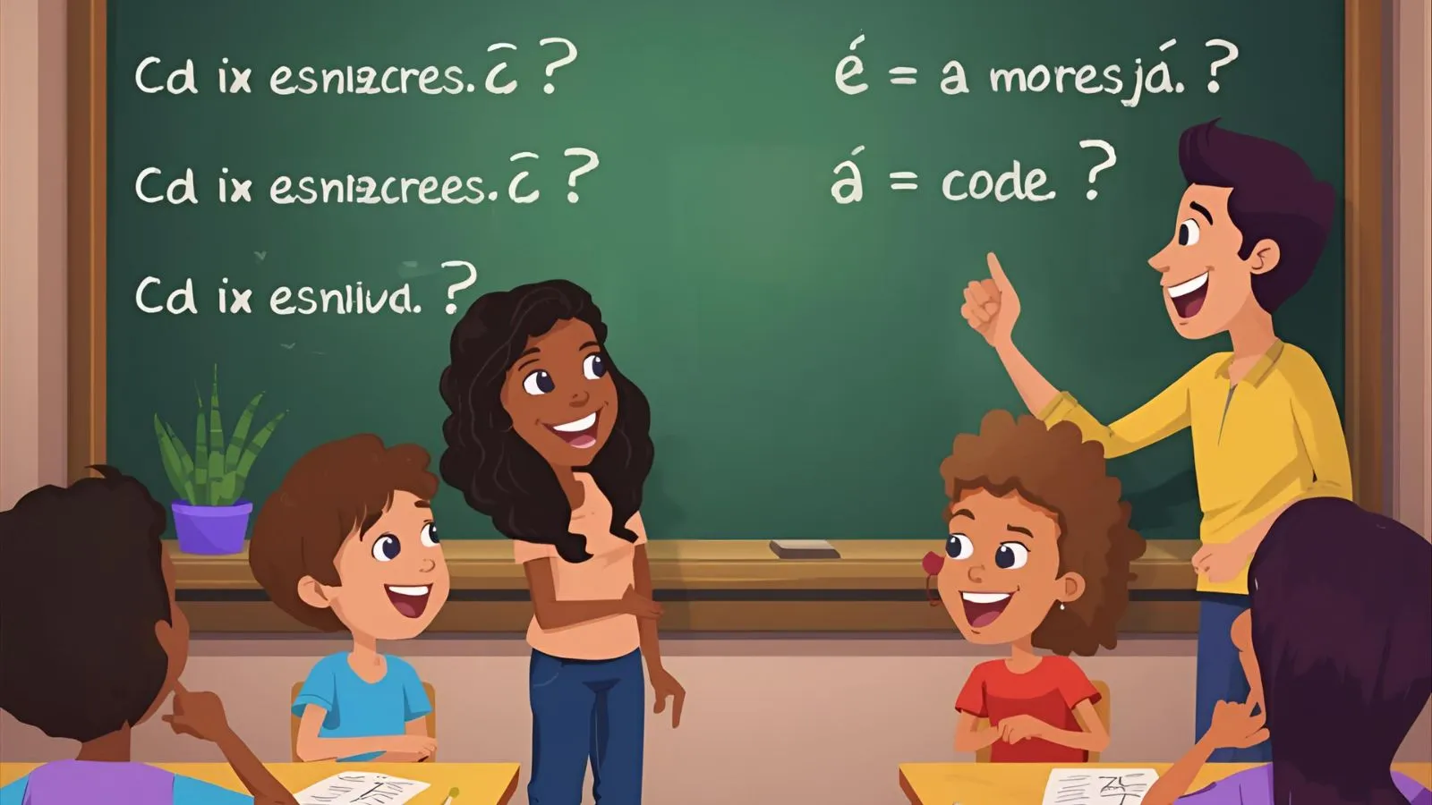 Group of kids and adults solving Spanish riddles together on a chalkboard.